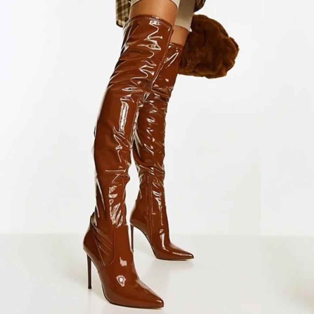 Steve Madden Viktory Patent Thigh High Stiletto Boots in Cognac